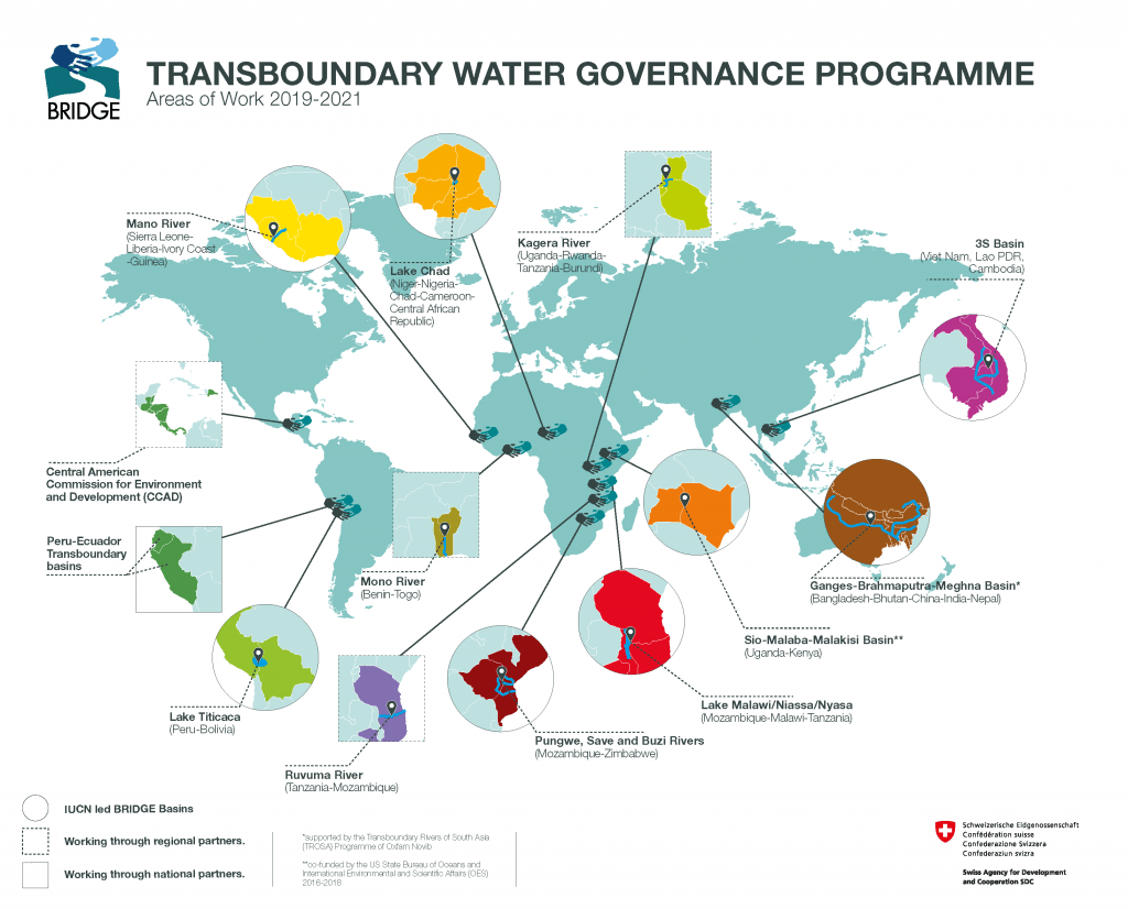 Map with all our areas of work in transboundary rivers and lakes worldwide