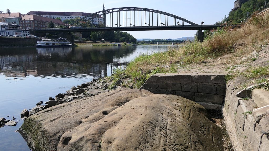 A hunger stone in the Elbe river in Děčín, Czech Republic